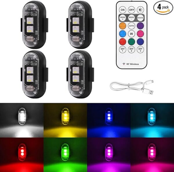 4PCS Wireless LED Strobe Lights with Remote Control, 8 Colors USB Charing Waterproof Anti