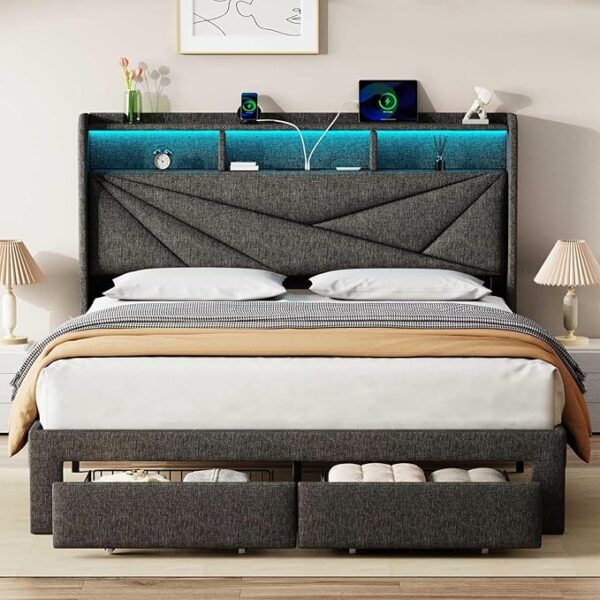 LED Queen Bed Frame with 2 Storage Drawers, Upholstered Bed