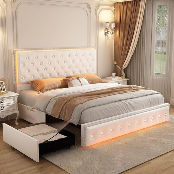 Queen Led Bed Frame with 2 Drawers, Modern Storage Platform Queen Size