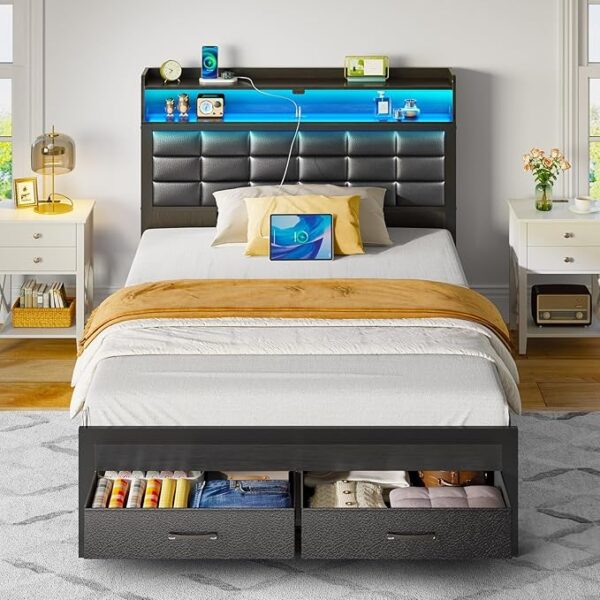 Rolanstar Bed Frame Twin Size with Storage Headboard and 2 Drawers