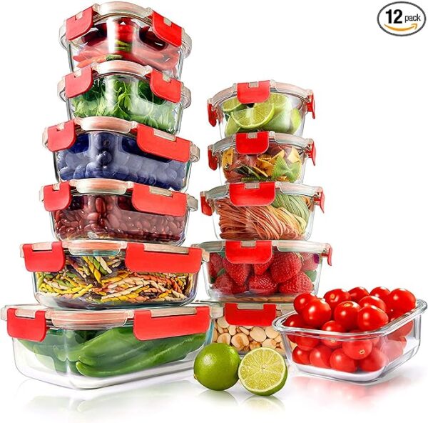 NutriChef 12-Piece Glass Food Storage Containers with Lids - Stackable Heavy Duty Meal Prep
