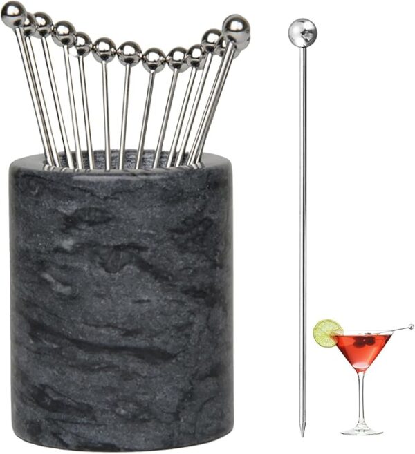 4.3 Inch Stainless Steel Cocktail Stick 15pcs+1pcs Marble Tank,Cocktail Clip,Appetiser