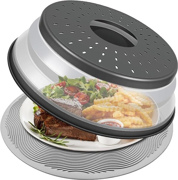 10 Inch Microwave Food Cover & Collapsible Silicone Mat - Splatter Guard, Plate Holder
