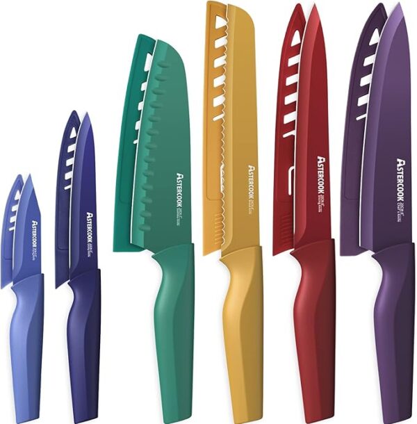 Astercook Knife Set, 12 Pcs Color-Coded Kitchen Knives Set, 6 Color Anti-Rust Coating Stainless