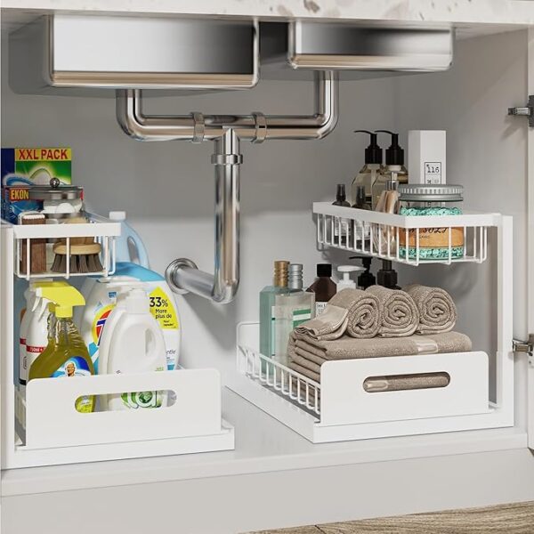 REALINN Under Sink Organizer, Pull Out Cabinet Organizer 2 Tier Slide Out Sink Shelf