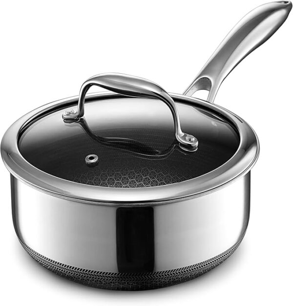 HexClad Hybrid Nonstick 2-Quart Saucepan with Tempered Glass Lid, Stay-Cool Handle,