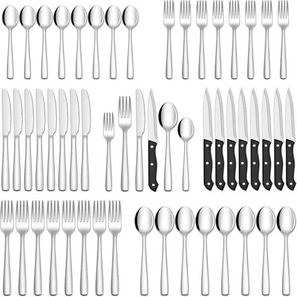 HIWARE 48-Piece Silverware Set with Steak Knives for 8, Stainless Steel Flatware Cutlery Set For