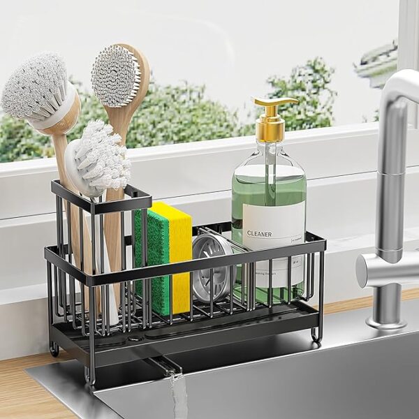 Cisily Sponge Holder for Kitchen Sink, Sink Caddy with High Brush Holder, Kitchen Sink Organizer