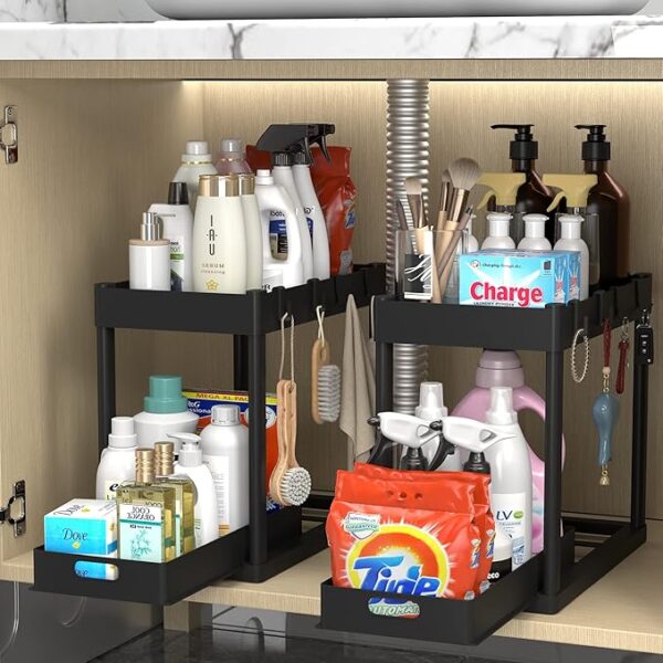 2PC Under Sink Organizer Rack 2 Tier Under Sliding Cabinet Basket Organizer Drawer with