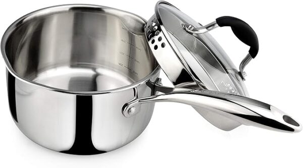 AVACRAFT Tri-Ply Stainless Steel Saucepan with Glass Strainer Lid, Two Side Spouts